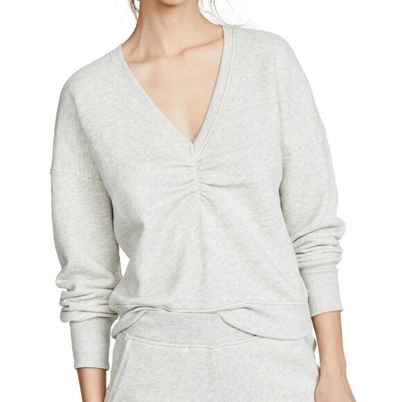 Heather Gray Joie V-Neck Pima Ruched Long Sleeve Sweatshirt (NWT) - Picture 1 of 8